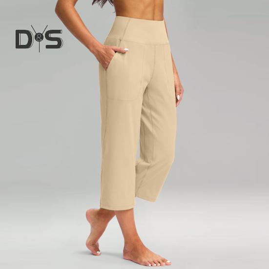 Pantaloni de Yoga pentru Femei Elastici cu Talie Înaltă, cu Picior Larg, Pantaloni Crop cu Buzunare, Pantaloni Stil Sportiv Casual