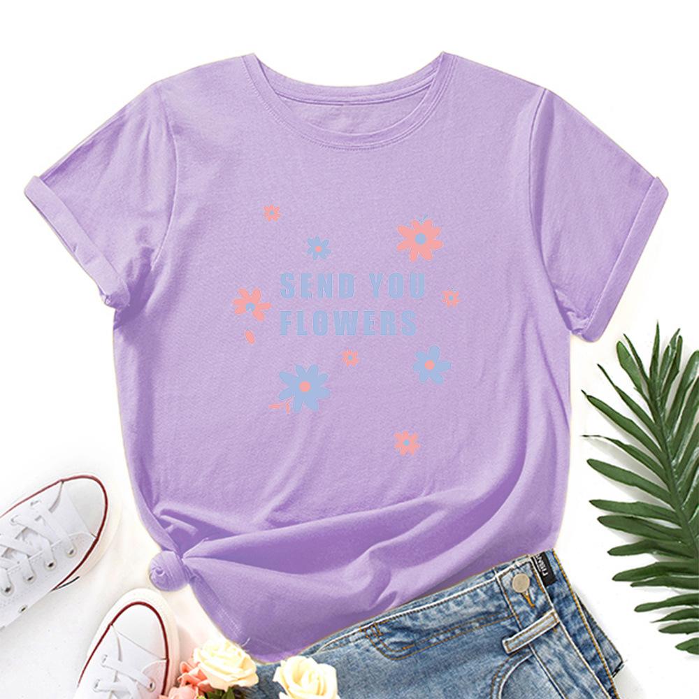 Send You Flowers Cotton T-Shirt Short Sleeve Round Neck Women 2d Print Tops