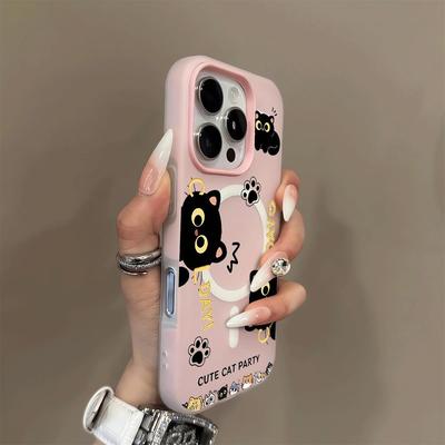 Magnetische Jelly Zwei-in-Eins Handyhülle Half Pack für iPhone16promax Kleine Schwarze Katze Handyhülle Starke Magnetische Saugkraft