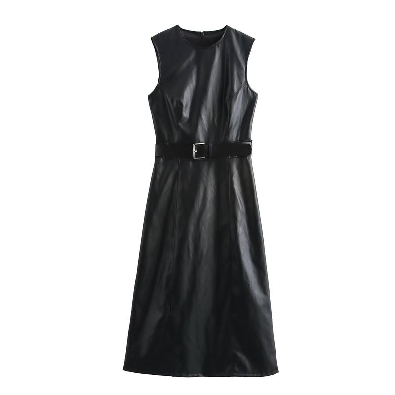 

Kaslead New Arrival Women s Clothing Fashion Style Fashion with Belt Imitation Leather Sleeveless Length Dress 4369252 Black L