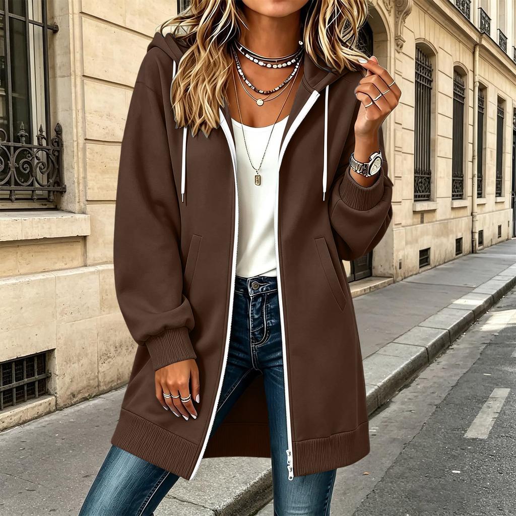 Chaqueta Larga con Capucha y Doble Cremallera para Mujer con Mangas Largas y Bolsillos