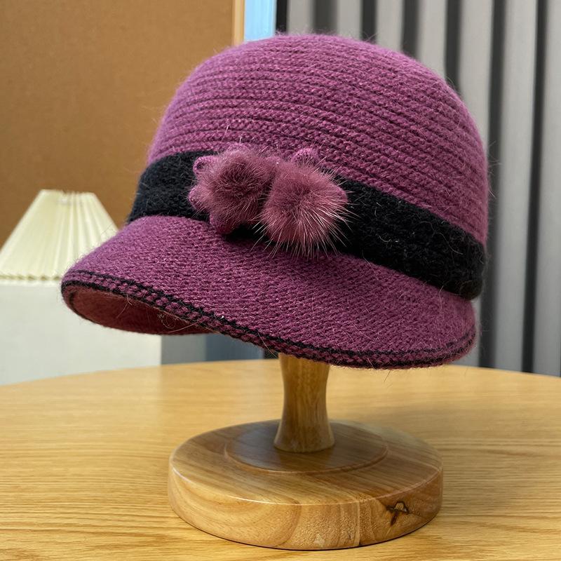 Rabbit Fur Fisherman Hat for Women, Winter Warm Pullover Knitted Hat for the Elderly, Cold-proof Mom Hat, Sun-shading Duckbill Cap