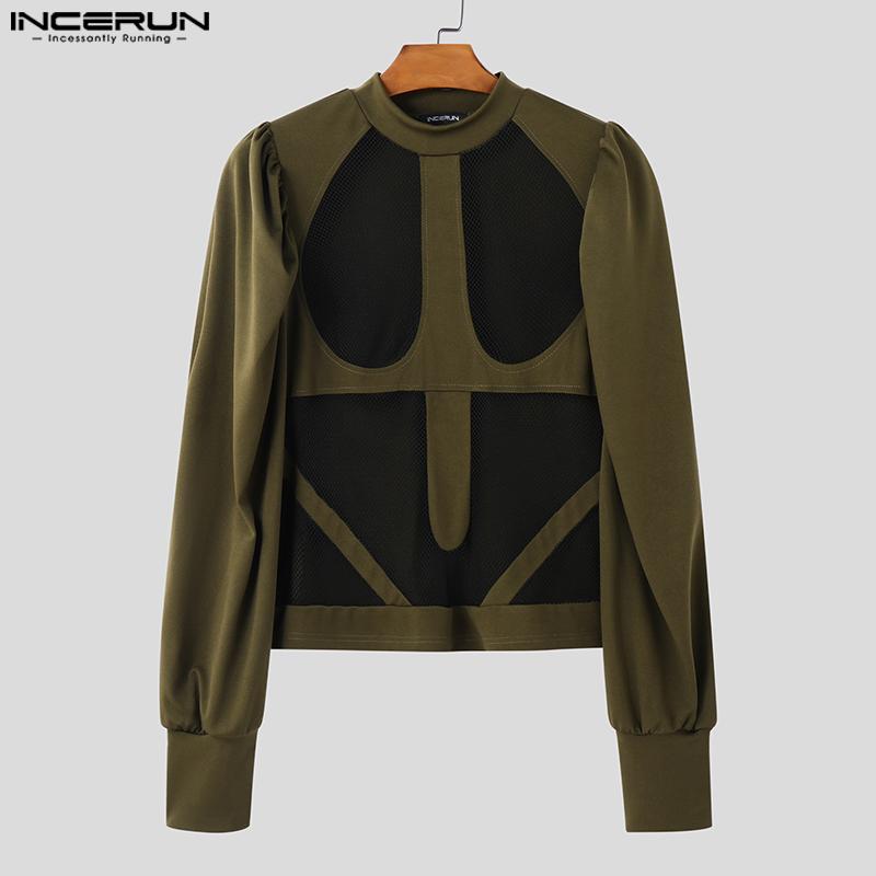 INCERUN Herren T-Shirt mit Stehkragen und Puffärmeln, Mesh, durchsichtig, Patchwork