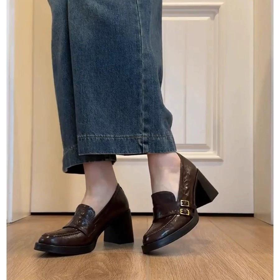 Spot~ Retro Leather Thick Heel Heightened Loafers Women's 2025 New British Style Small Commuter Small Leather Shoes