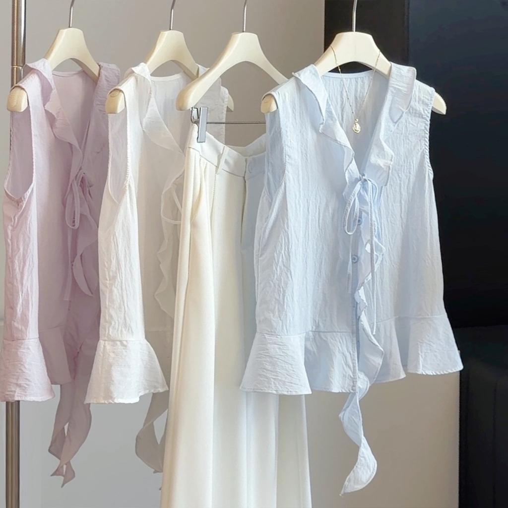 Women's V-Neck Sleeveless Blouse Ruffle Hem Loose Casual Summer Tank Top Shirt