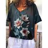 Vintage Women's T Shirts V-neck 3d Flower Print Tops Loose Short Sleeve Tees Summer Streetwear Casual Oversized Female Clothing