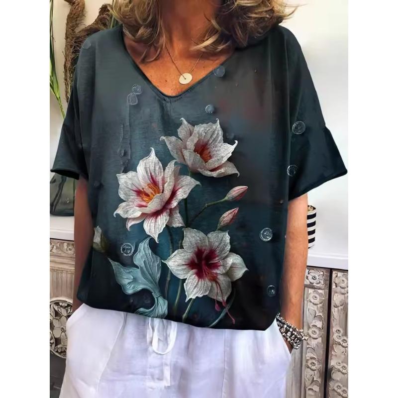 Vintage Women's T Shirts V-neck 3d Flower Print Tops Loose Short Sleeve Tees Summer Streetwear Casual Oversized Female Clothing