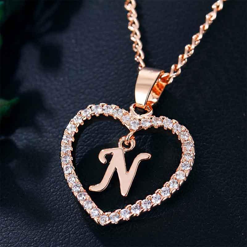 Heart Letters 26 Love Crystal Women Silver Plated Chain Jewelry Necklace