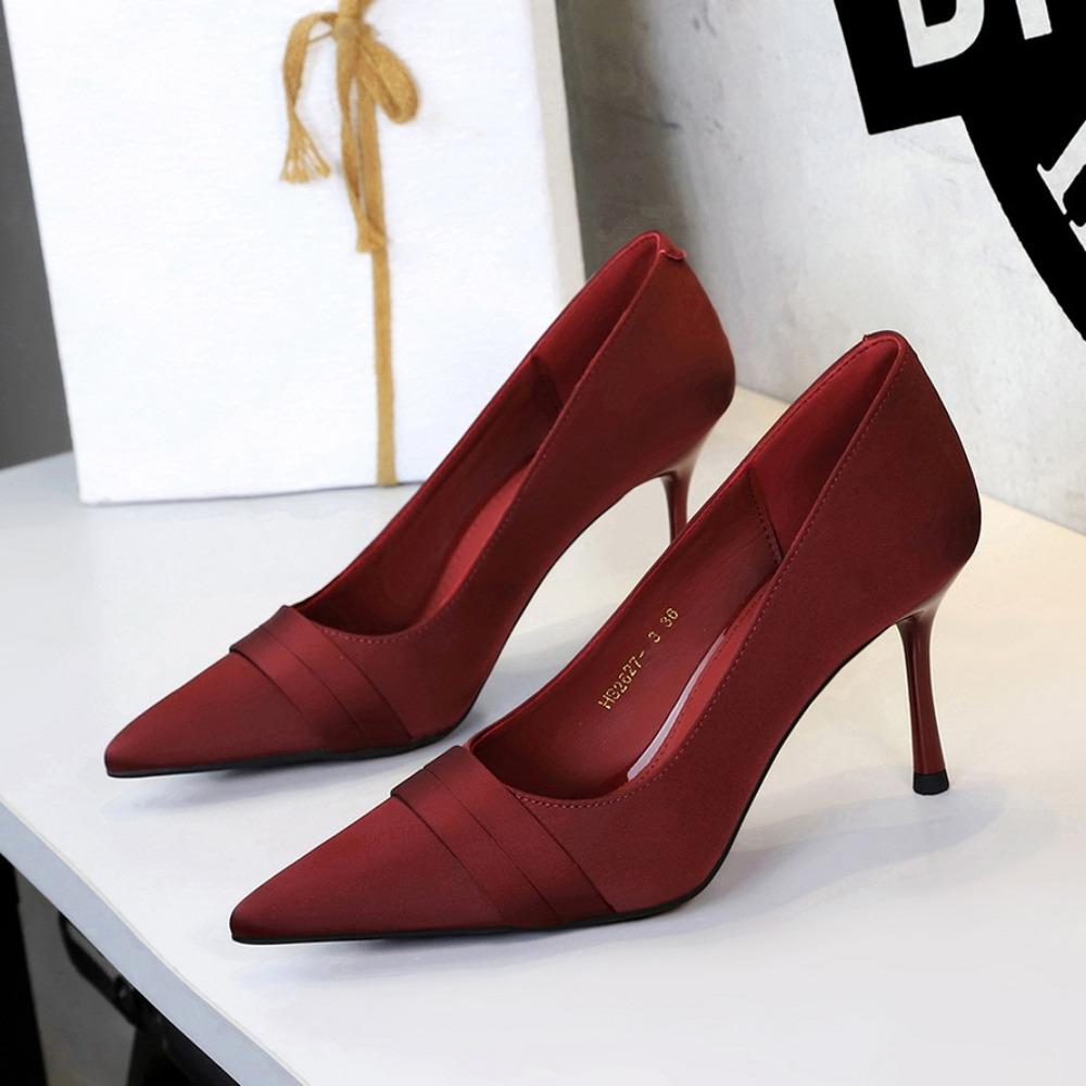 Fashion Women Heels European American Style Sexy Fashion Pointed Head Shallow Mouth High Heels Temperament Banquet Satin Stiletto Shoes