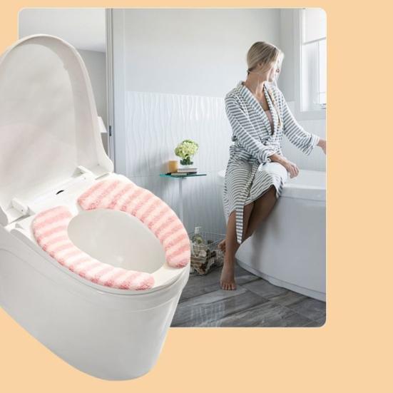 1 Pair Toilet Mat Striped Pattern Thickened Design Plush Warm Toilet Seat Protector Easy Installation Bathroom Mat