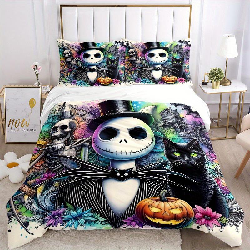 3pcs Halloween Nightmare Before Christmas Ideas Printed Quilt Set - Includes 1 Quilt Cover and 2 Pillowcases, Machine Washable - Suitable for All