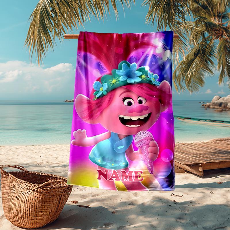 Custom Name Ultra-Soft Beach Towel with Trolls Theme,Ideal for Pool - Camping, Diving - Perfect Travel Essential, Vibrant Beach Towel.