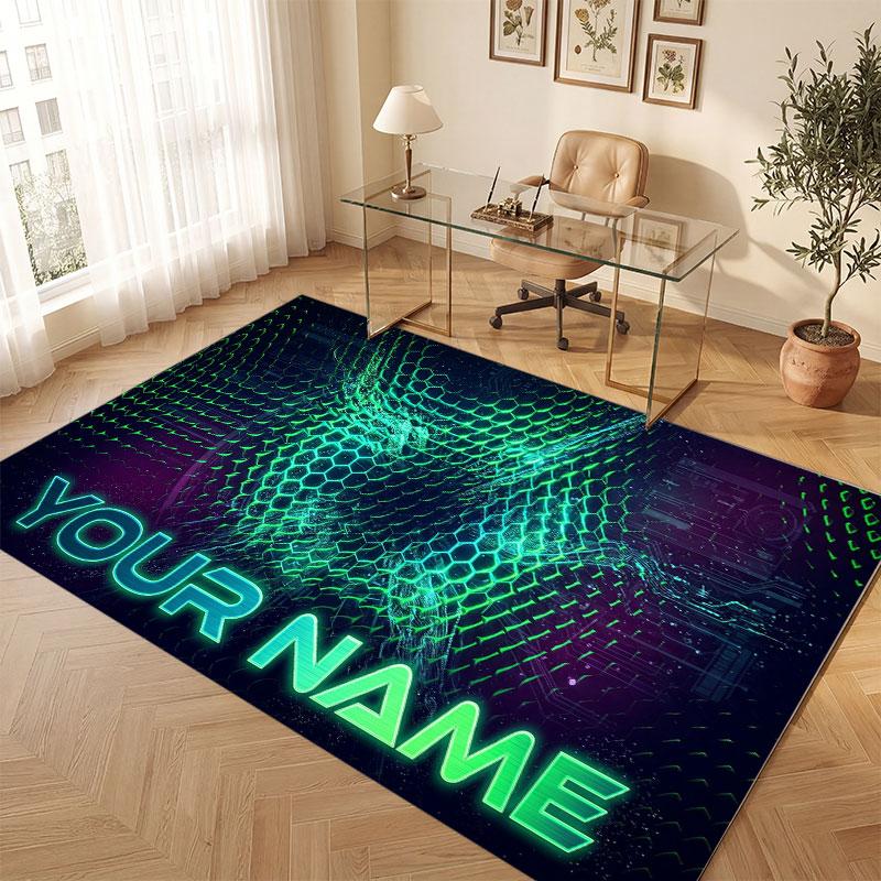 City Cyberpunk Theme Crystal Velvet Floor Rug Personalized Custom Name Text Warm Carpet Home Decoration
