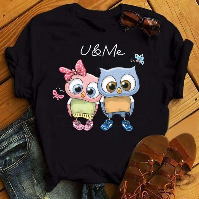 Cartoon Eule Print T Shirt Frauen Kawaii Grafik Shirts Casual Kurzarm schwarz weibliche T-Shirt O -Ausschnitt Harajuku T-Shirts