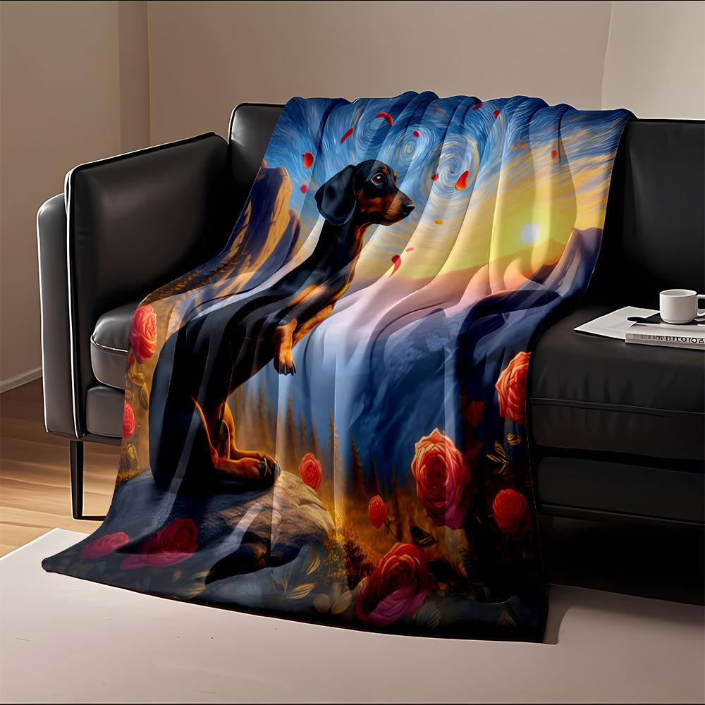 Dachshund with Roses and Scenic Sunset. Flannel blanket for bedroom, living room, sofa, and nap sofas.