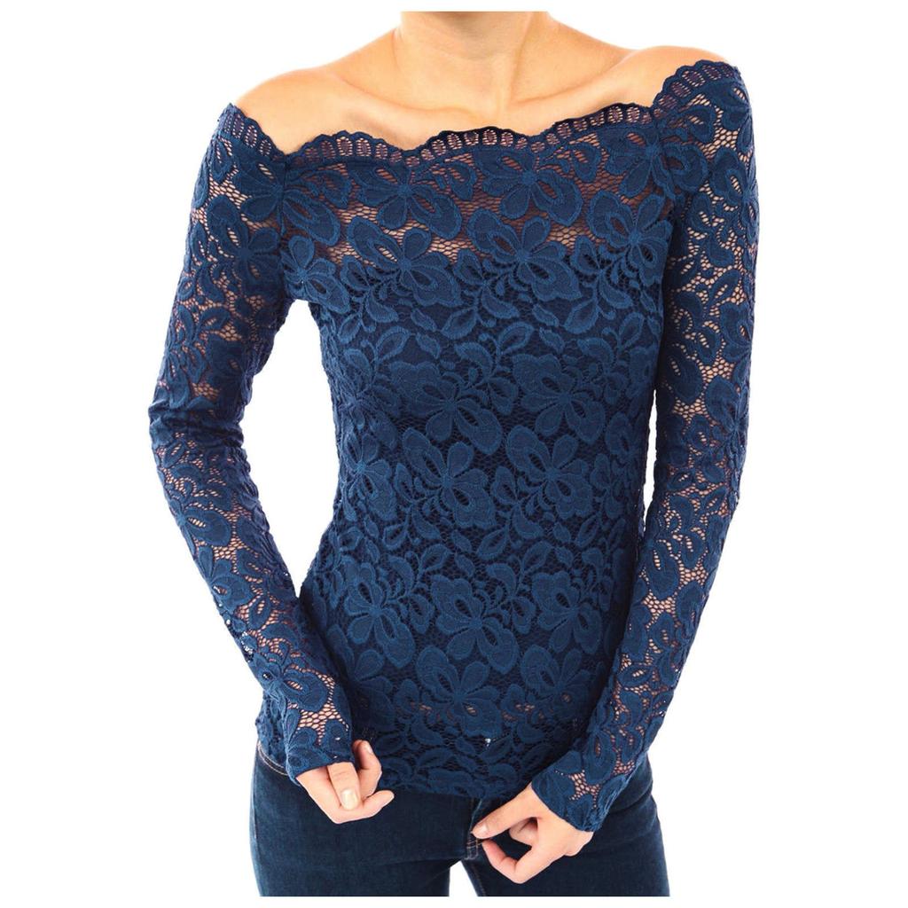 Women's Fashion Strapless Lace One Neck Long Sleeve Hollow Lace Blouse Top
