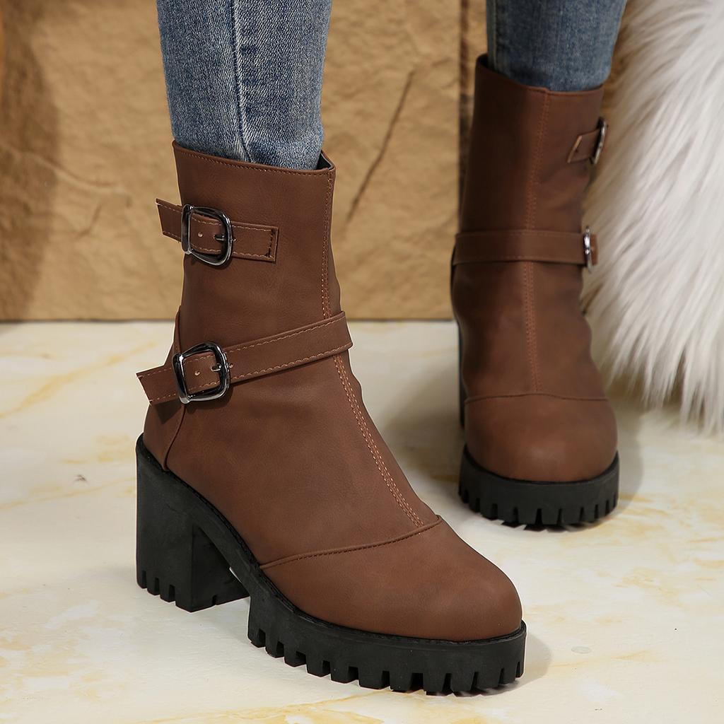 Fashion New Boots for Woman Double Buckle Decoration 2024 High Quality Back Zipper Solid Color Round Head Women's Ankle Booties