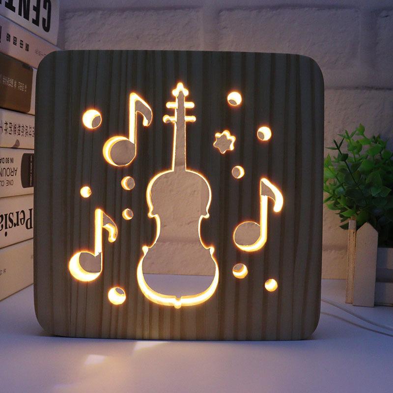 Creative 3D Night Lamp Corporate Gift Design Letter Music Notes Solid Wood Hollowed-out Carving LED Desk Lamp Wooden