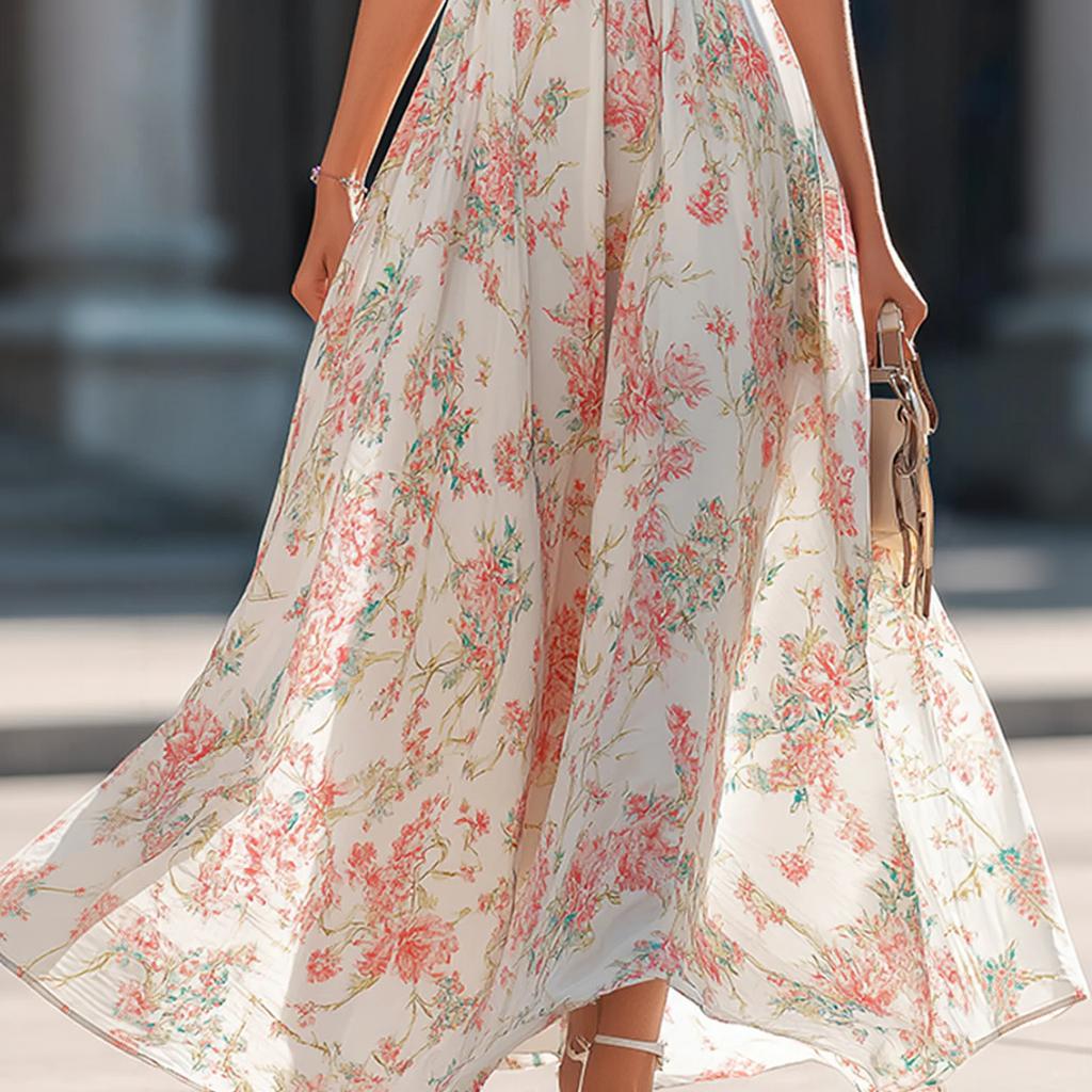 Women's Neck Floral Print Dress for Summer Casual Wear