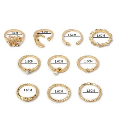 10 Pcs/Set Lady Fashion Gold Pearl Ring Jewelry Set Crystal Flower Moon Star Opening Heart Geometric Rings