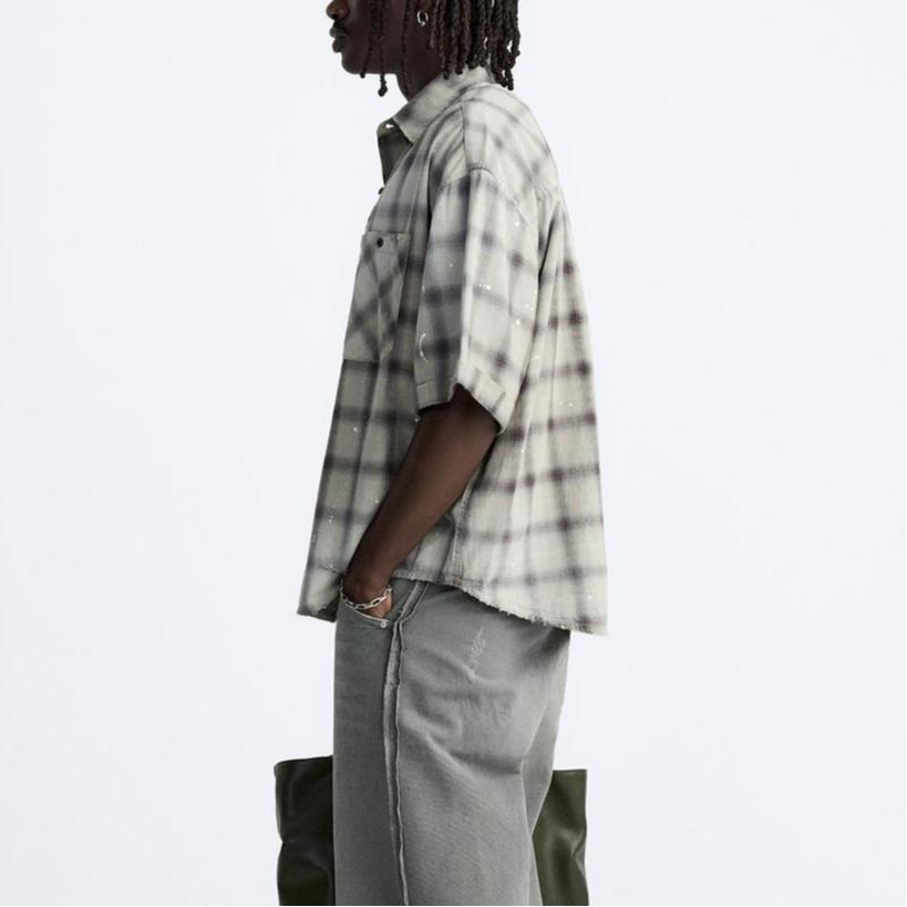 Zara Washed Plaid Short Sleeve Casual Shirt Men Shirts Medium-Gray 4877400-809