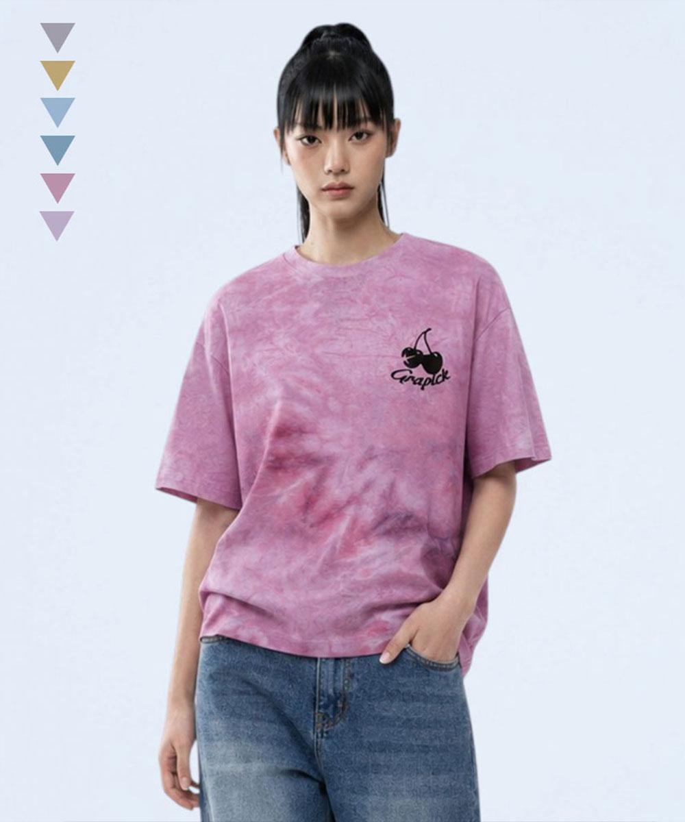 Geulapig Cherry Pick Tie-Dye Water Print T-Shirt 6 Colors [Grse_9802] Purple_Grse_9802/Free