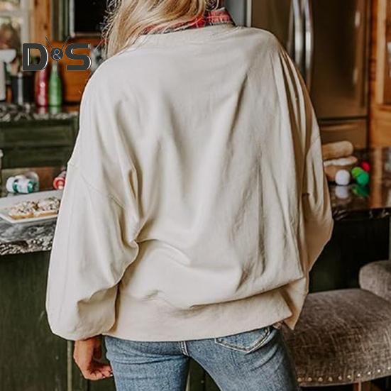 Women Christmas Sweatshirt Round Neck Sequin Santa Pattern Loose Long Lantern Sleeves Pullover Keep Warm New Year Party Top