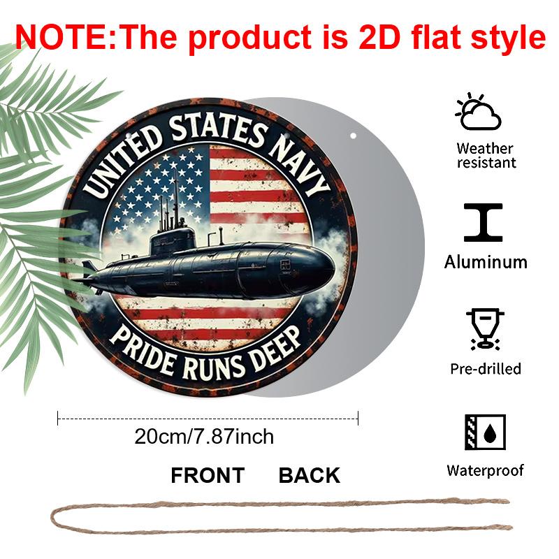 2D Flat AluminumVintage US Navy Submarine Round Metal Sign, Inspirational Spiritual Patriotic Americana Rustic Wall Decor, Pre-Drilled Holes for Easy