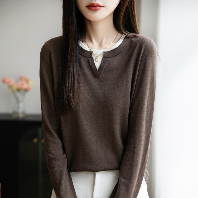 Women's 2025 Autumn/Winter Round Neck Two-Piece Look Wool Knit Long Sleeve Versatile Pullover Sweater Top