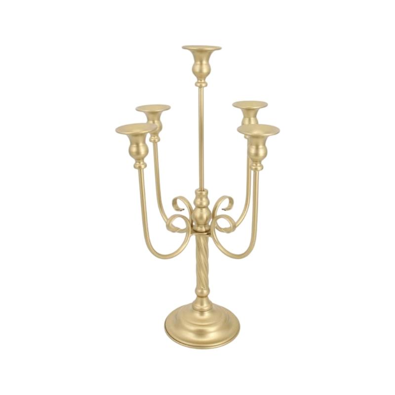Iron Candelabra Tapers Candle Holders Candlestick Centerpieces with Five Candle Positions, a Golden Finish, and Formal Dinner or Ceremony Table