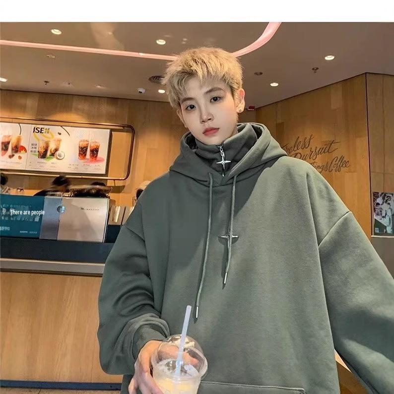 Men's Winter Thick Velvet High-Neck Oversized Hoodie - Trendy American Style
