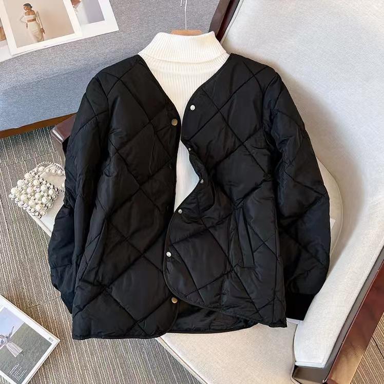 Winter Cotton-Padded Jacket for Women  Autumn New Korean Sle Versatile Lightweight Rhombus Plaid Cotton-Padded Jacket