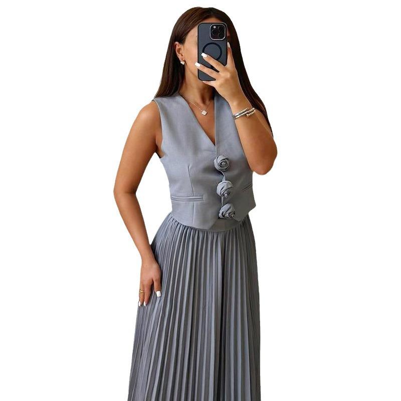 European & American Women's Sleeveless Vest and Pleated Long Sleeve Two-Piece Summer Set