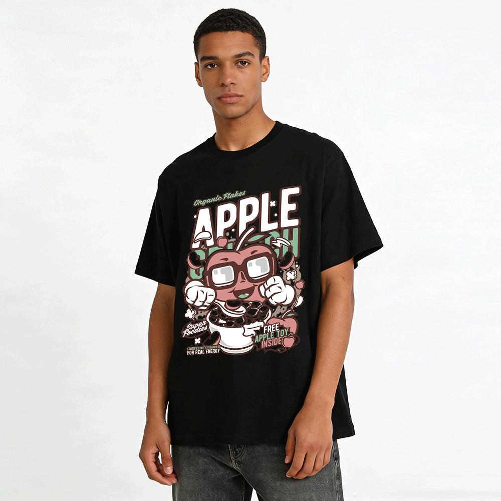 Vintage Apple Crunch Anthropomorphic Print Casual T-Shirt Pure Cotton T-shirt