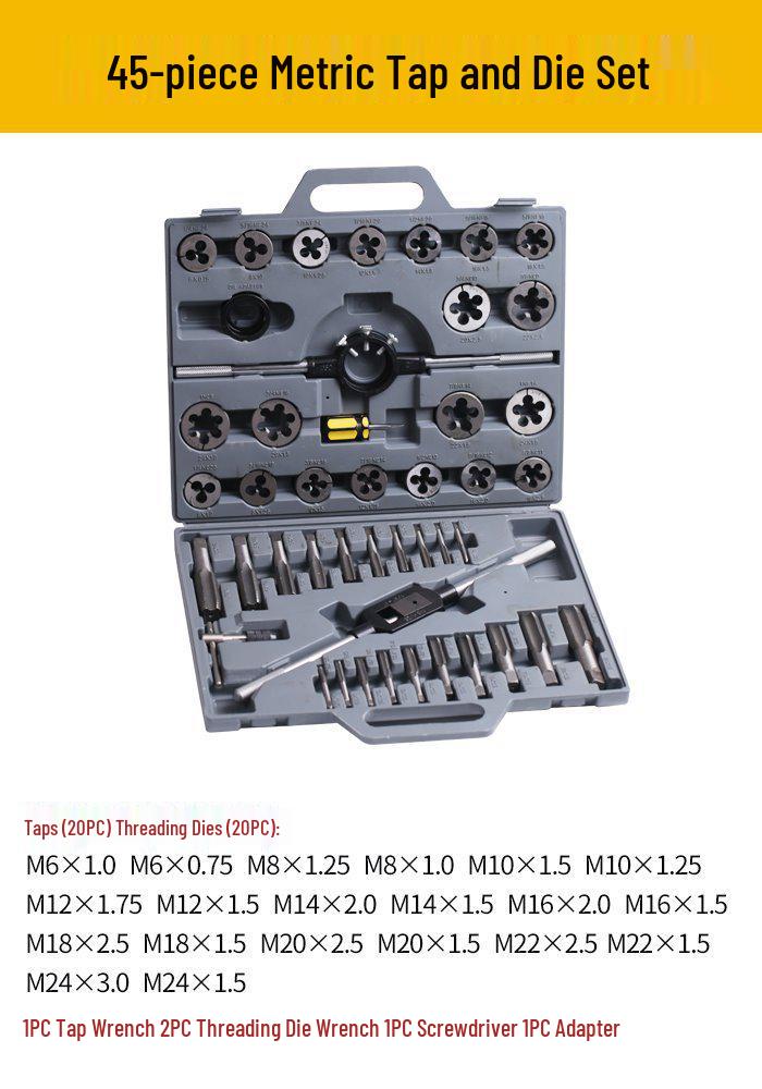High-Speed Steel Taps & Dies Set: 5, 6, 7, 9-Piece with Tap Wrench and Threading Drill Bits.