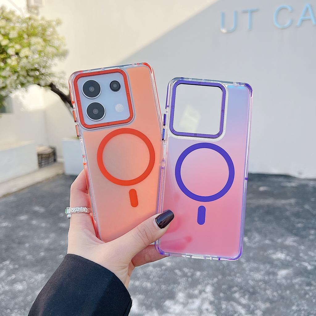 Luxury Metal Lens MagSafe Phone Case for Xiaomi 14T 14TPro Redmi 13 14C NoTe13 14Pro ProPlus Wireless Charging Discolour Cover
