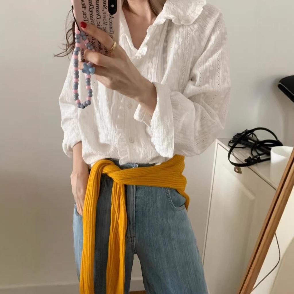 2026 Early Spring/Autumn Korean Inspired Hollow Out Embroidered Long Sleeve Women's Shirt