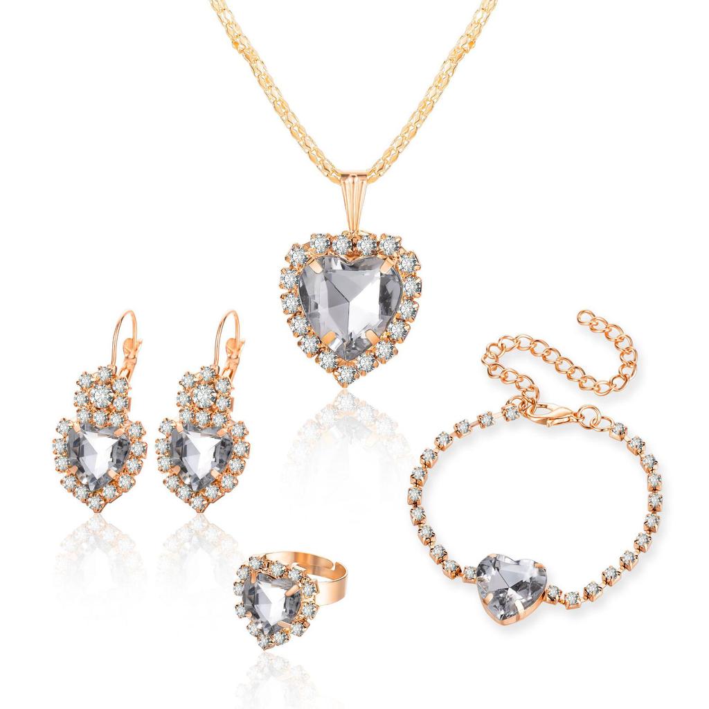 European-American Personalized Water Drop Diamond Jewelry Set: Shiny Necklace, Earrings, and Ring for Brides