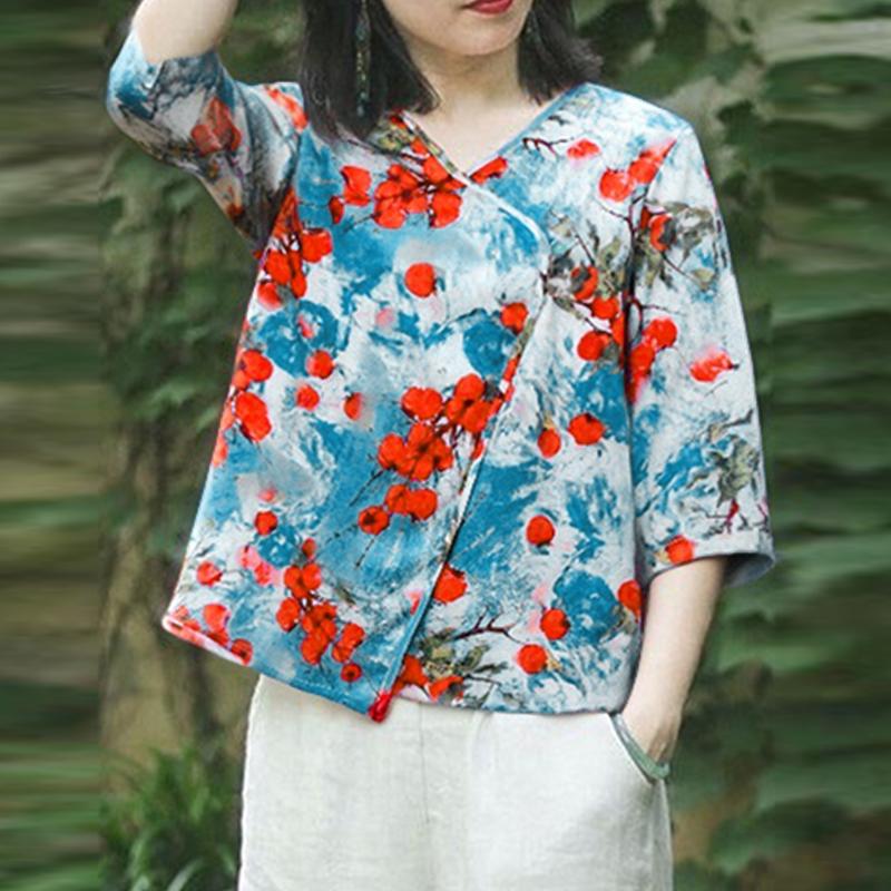 

ZANZEA Женская повседневная блузка с V-образным вырезом, рукавом 3/4 и свободным принтом M синий