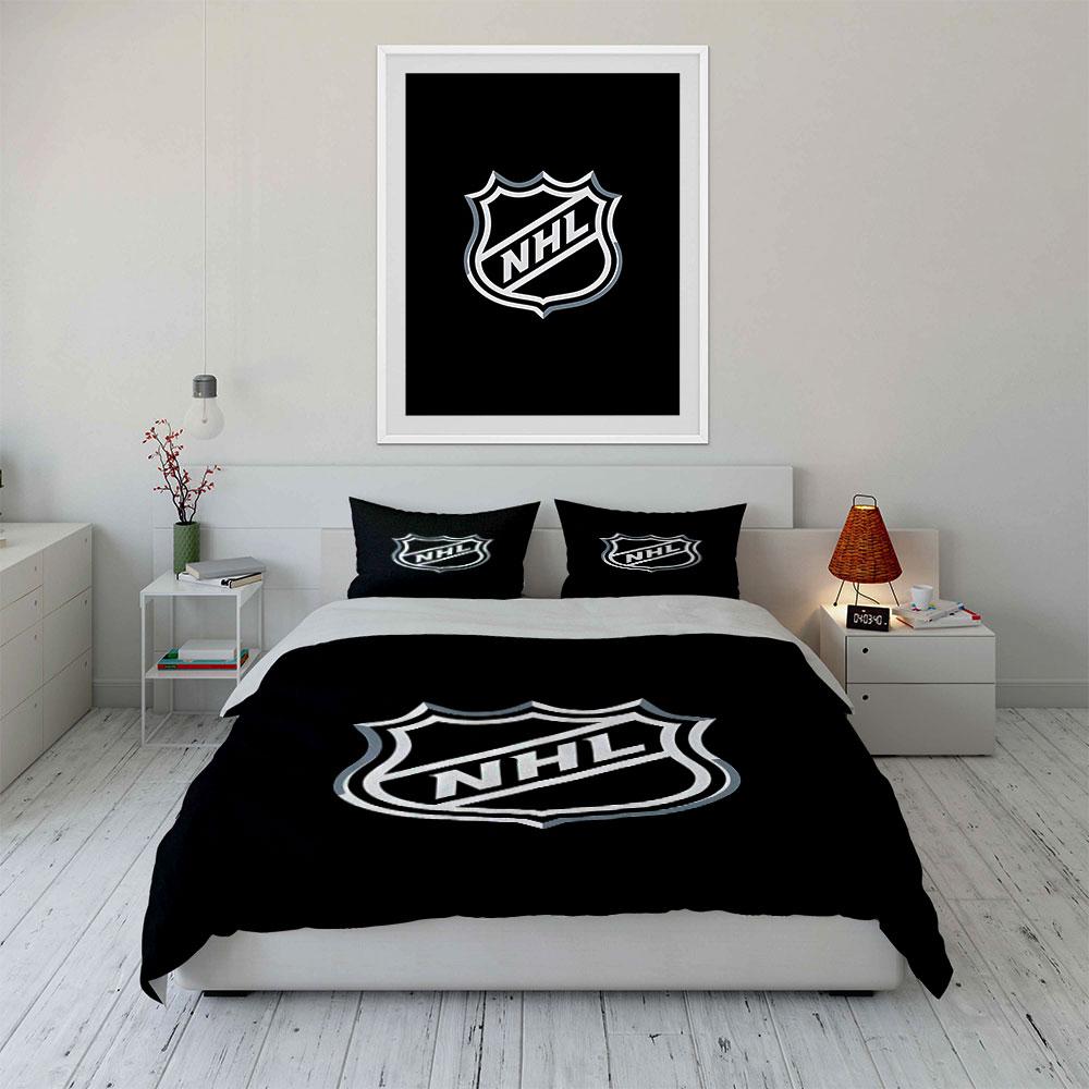 NHL Logo Black and White Design Print Bedding Set Duvet Cover Pillowcases (1* Duvet Cover 2* Pillowcases Do Not Include Comforter)