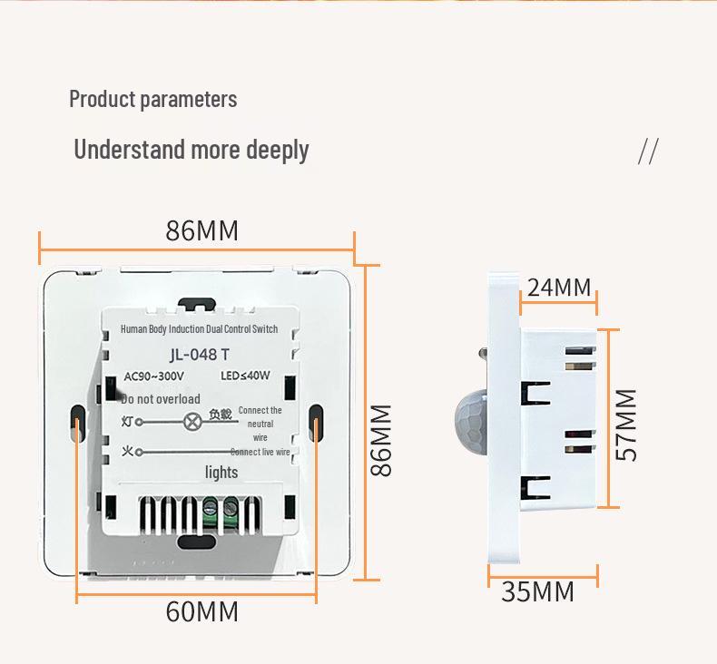 Type 86 Infrared Sound & Light Control with Human Body Sensor 220V Corridor Delay Switch