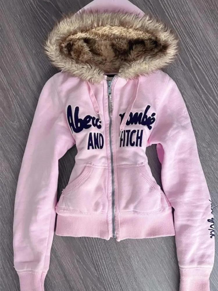 2KWEIRD American Vintage Pink Warm Hooded Coat Women Autumn Winter Sweet Fashion Slim Jacket New Design Retro Lovely Y2k Clothing