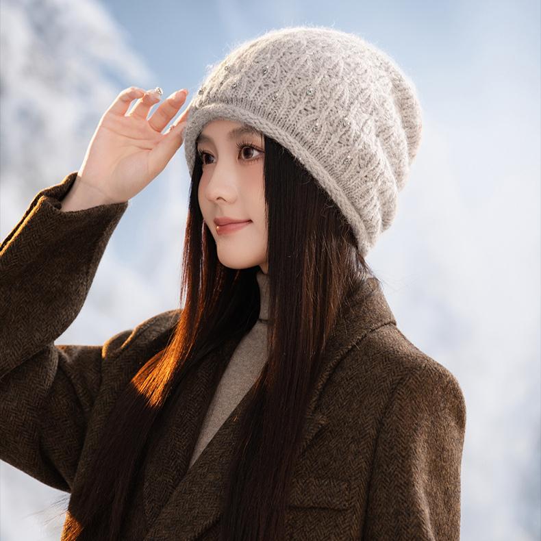 Hat Women's Autumn and Winter Fashion Rabbit Fur Thermal Hat Fleece Thickened Windproof Knitted Wool Hat