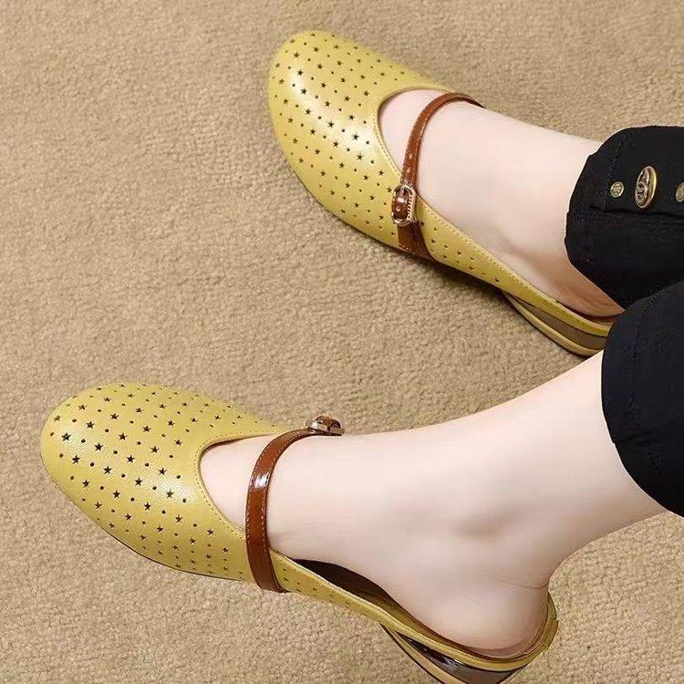 Retro round head hollow breathable bag head half drag comfortable and versatile wear 2025 summer new low-heeled cool slippers women
