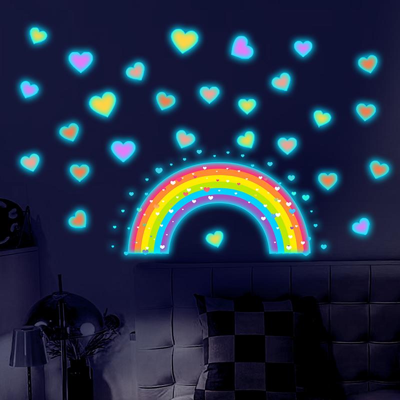 Toilet Stickers Rainbow Heart Glow In The Dark Removable Self-Adhesive Waterproof Wall Decals For Bathroom
