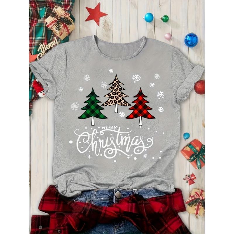 Camiseta Estampa Árvore de Natal Feminina Manga Curta Gola Redonda Top para Verão Roupas Femininas Harajuku Manga Curta Casual
