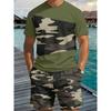 Men's 3D Digital Printed Round Neck Short Sleeved Set, Outdoor Workwear Style Splicing Camouflage Print Two-piece Set