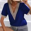 QICED Damenmode, lässig, Sommer, einfarbig, kurzärmelig, V-Ausschnitt, Blusen und Hemden