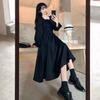 Abito nero vintage da donna francese elegante colletto quadrato manica lunga abito longuette autunno donna abiti retrò chic coreano
