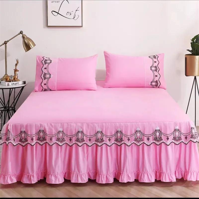 3pcs Bed Skirt Bedspread Pillowcase Ruffle Lace Anti Slip 1.8x2.0m Bed Cover Solid Colour Lace Mattress Dust Bedding Cover